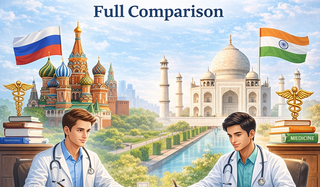 Comparison of MBBS in Russia vs MBBS in India showing fees, admission process, NEET requirement, and career opportunities for Indian students