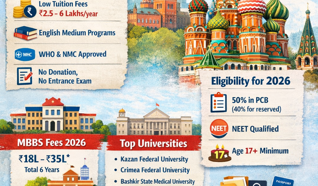 MBBS in Russia 2026 infographic showing Russia MBBS fees, eligibility criteria, top medical universities in Russia, documents required, and admission process for Indian students.