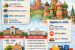 MBBS in Russia 2026 infographic showing Russia MBBS fees, eligibility criteria, top medical universities in Russia, documents required, and admission process for Indian students.