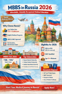 MBBS in Russia 2026 infographic showing Russia MBBS fees, eligibility criteria, top medical universities in Russia, documents required, and admission process for Indian students.