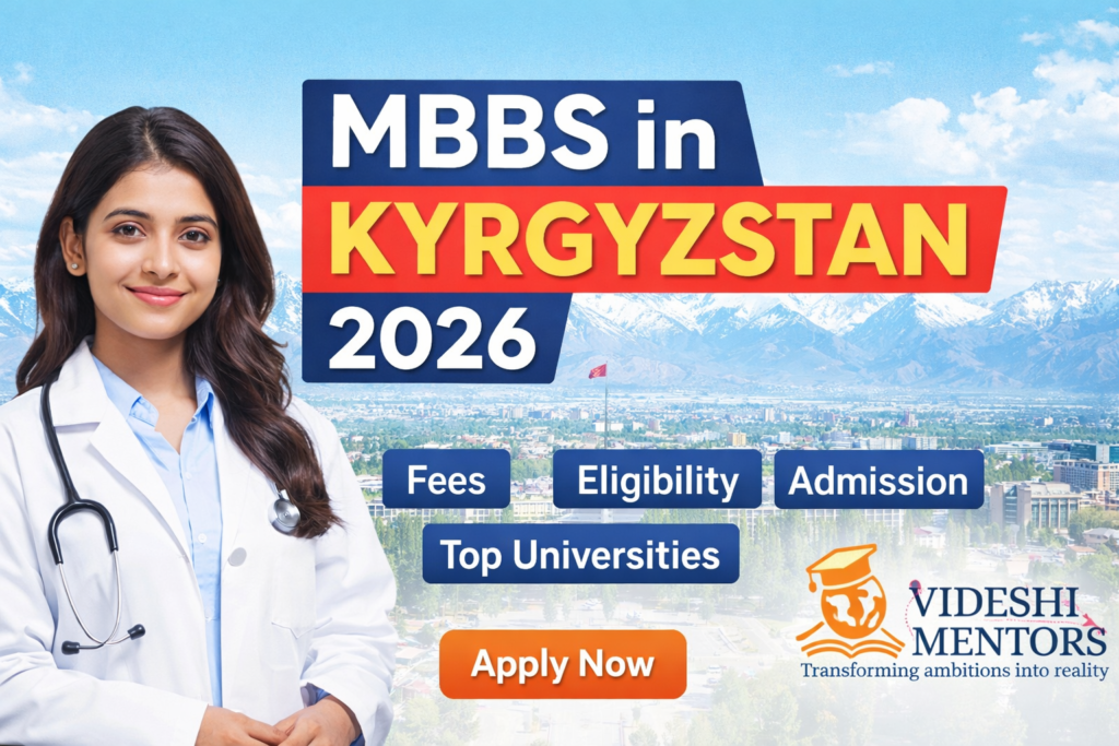 Female medical student promoting MBBS in Kyrgyzstan with benefits like easy admission, no capitation fee, affordable living and Videshi Mentors logo